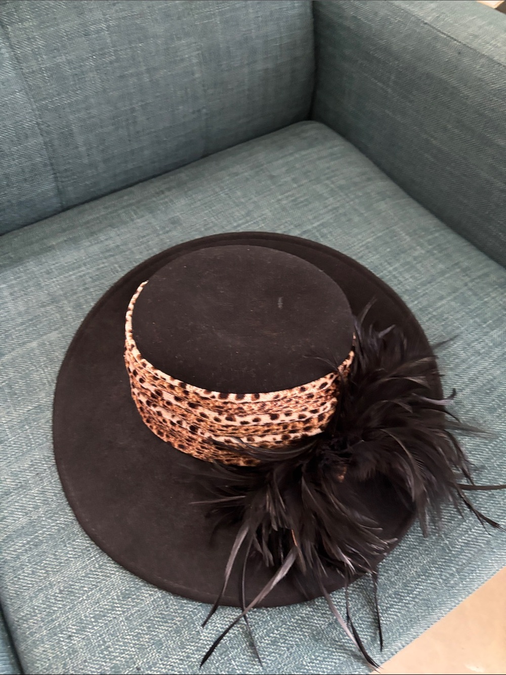 August Hats Black Wide-Brim Felt Hat with Leopard Band and Feather Trim